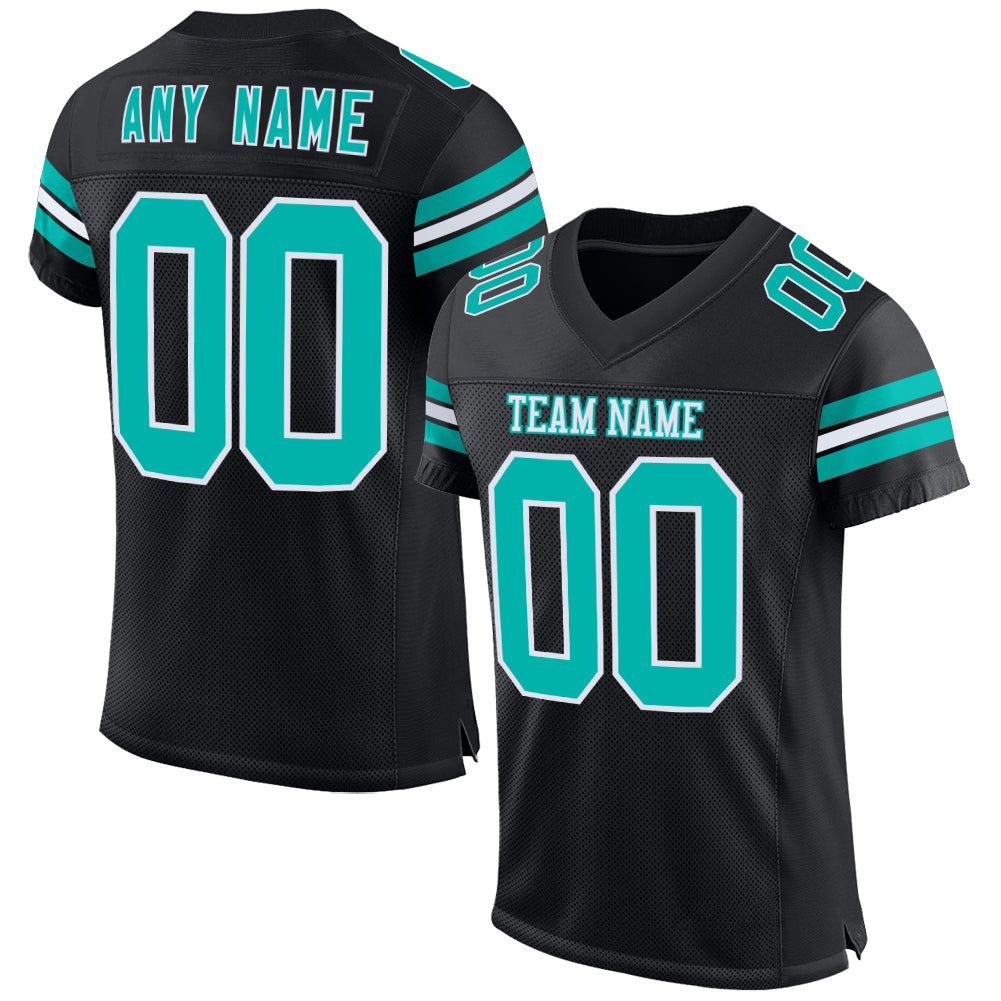 Custom Black Aqua-White Mesh Authentic Football Jersey