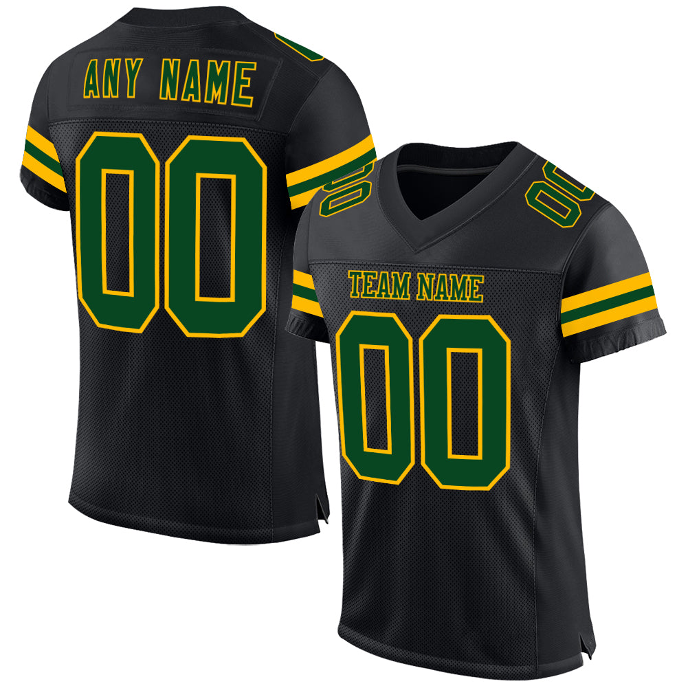 Custom Black Green-Gold Mesh Authentic Football Jersey