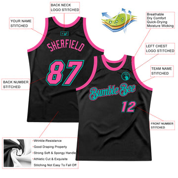 Custom Black Pink-Aqua Authentic Throwback Basketball Jersey