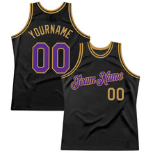 Load image into Gallery viewer, Custom Black Purple-Old Gold Authentic Throwback Basketball Jersey
