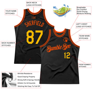 Custom Black Gold-Orange Authentic Throwback Basketball Jersey