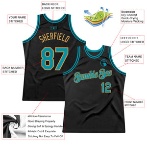 Custom Black Teal-Old Gold Authentic Throwback Basketball Jersey