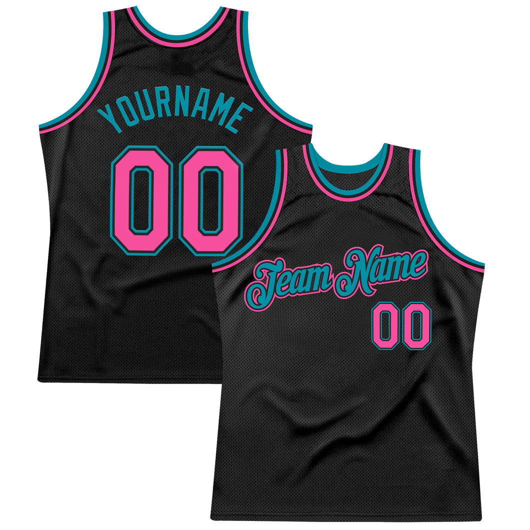 Custom Black Pink-Teal Authentic Throwback Basketball Jersey