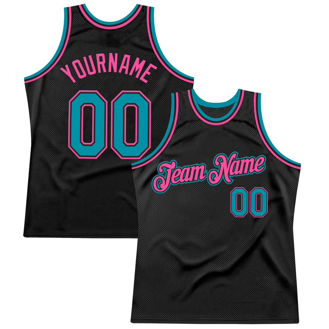 Custom Black Teal-Pink Authentic Throwback Basketball Jersey