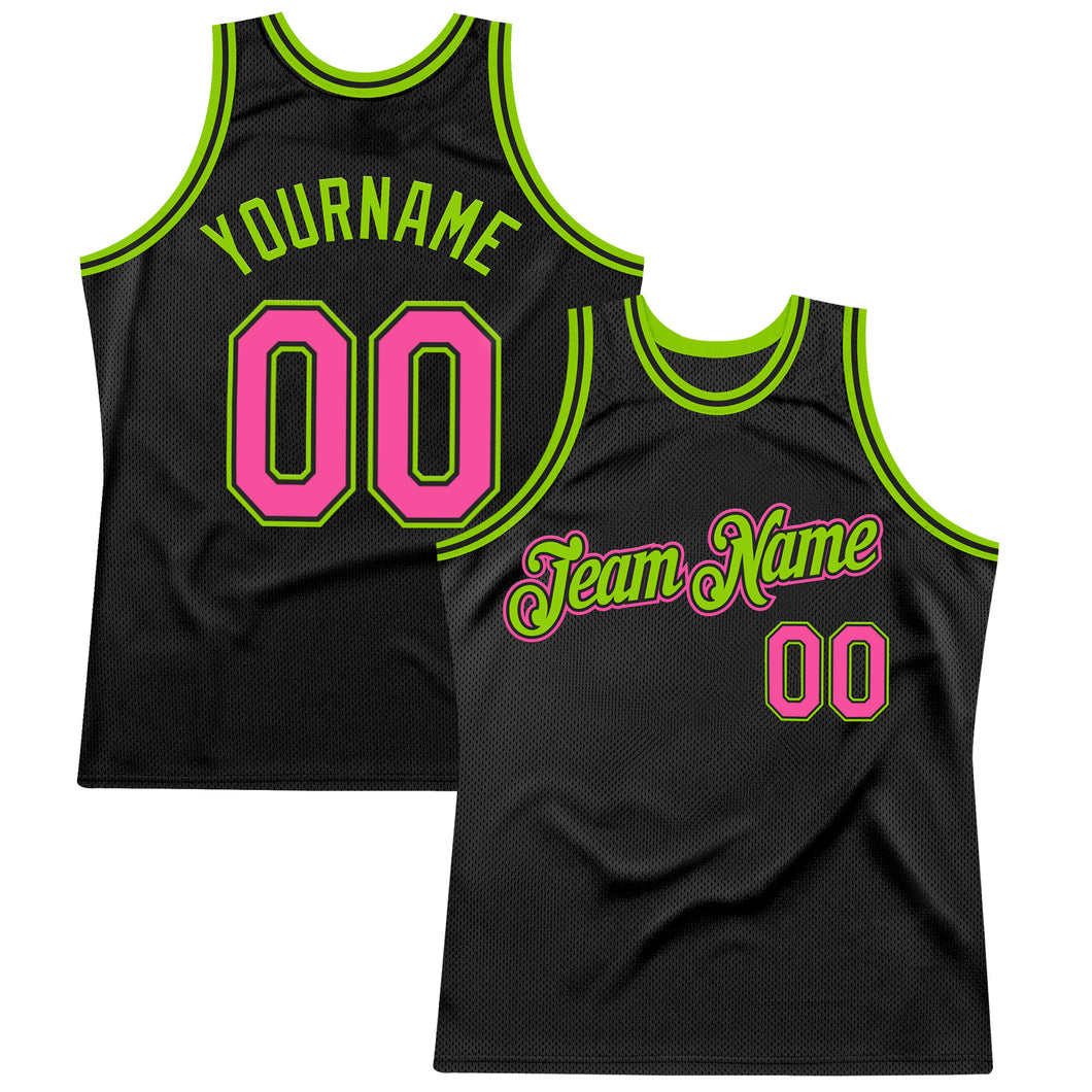 Custom Black Pink-Neon Green Authentic Throwback Basketball Jersey