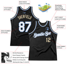 Laden Sie das Bild in den Galerie-Viewer, Custom Black White Light Blue-Cream Authentic Throwback Basketball Jersey
