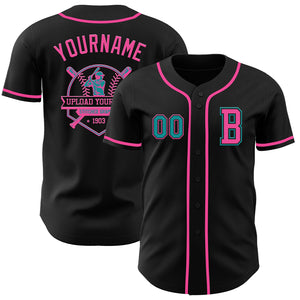 Custom Black Teal-Pink Authentic Baseball Jersey