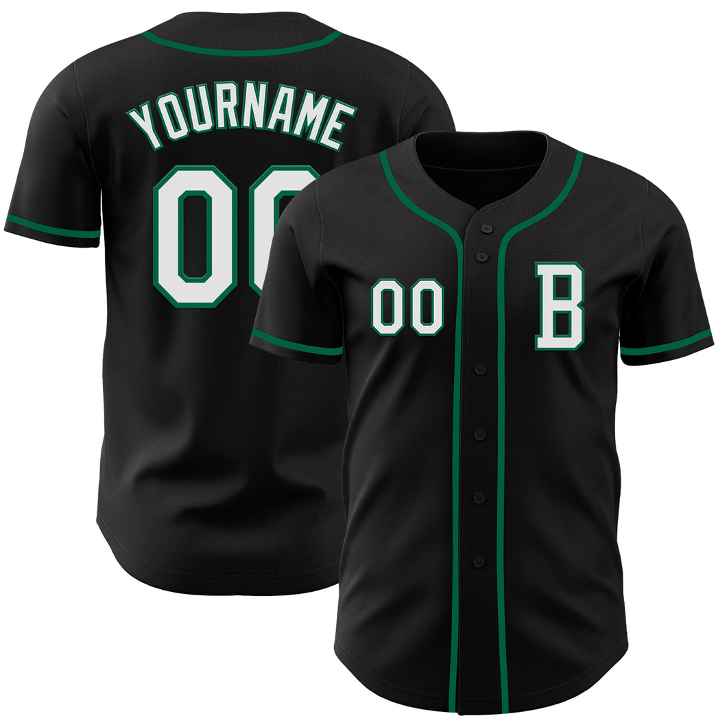 Custom Black White-Kelly Green Authentic Baseball Jersey