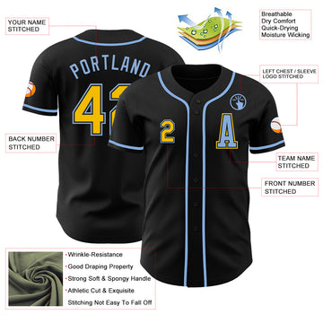 Custom Black Yellow-Light Blue Authentic Baseball Jersey