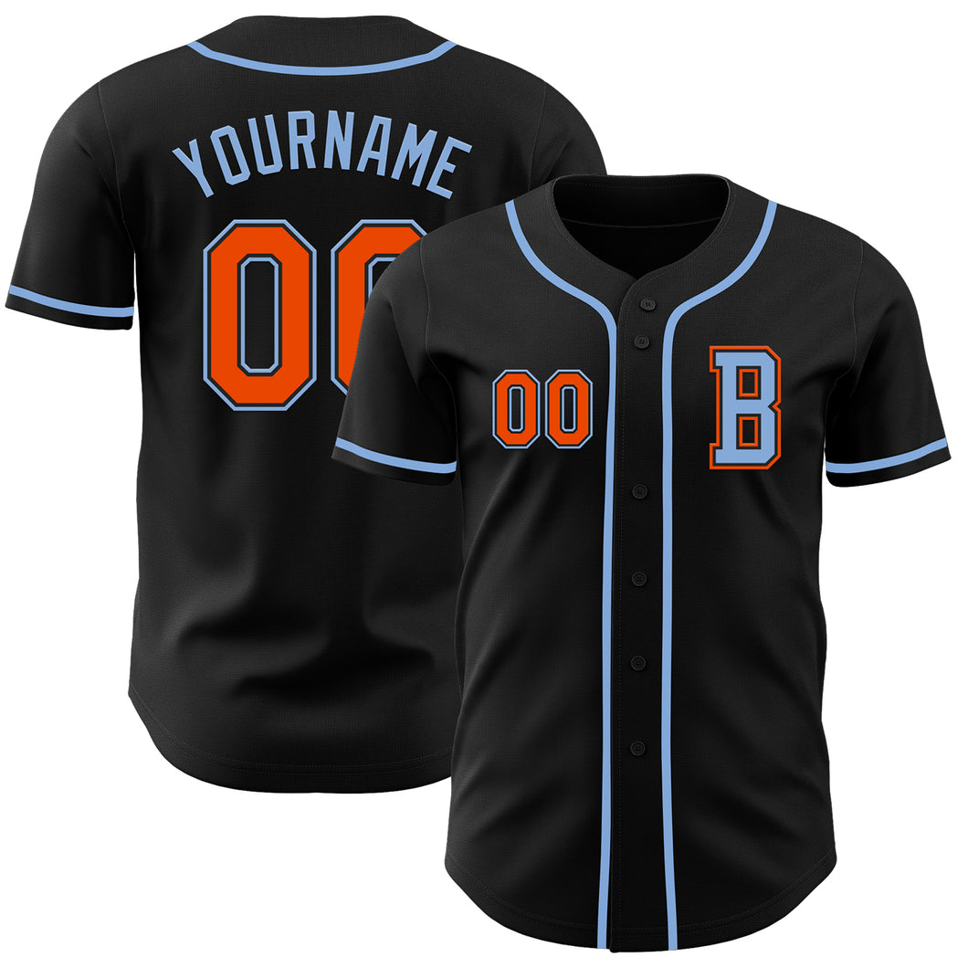 Custom Black Orange-Light Blue Authentic Baseball Jersey