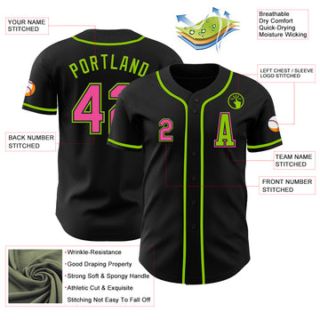 Custom Black Pink-Neon Green Authentic Baseball Jersey