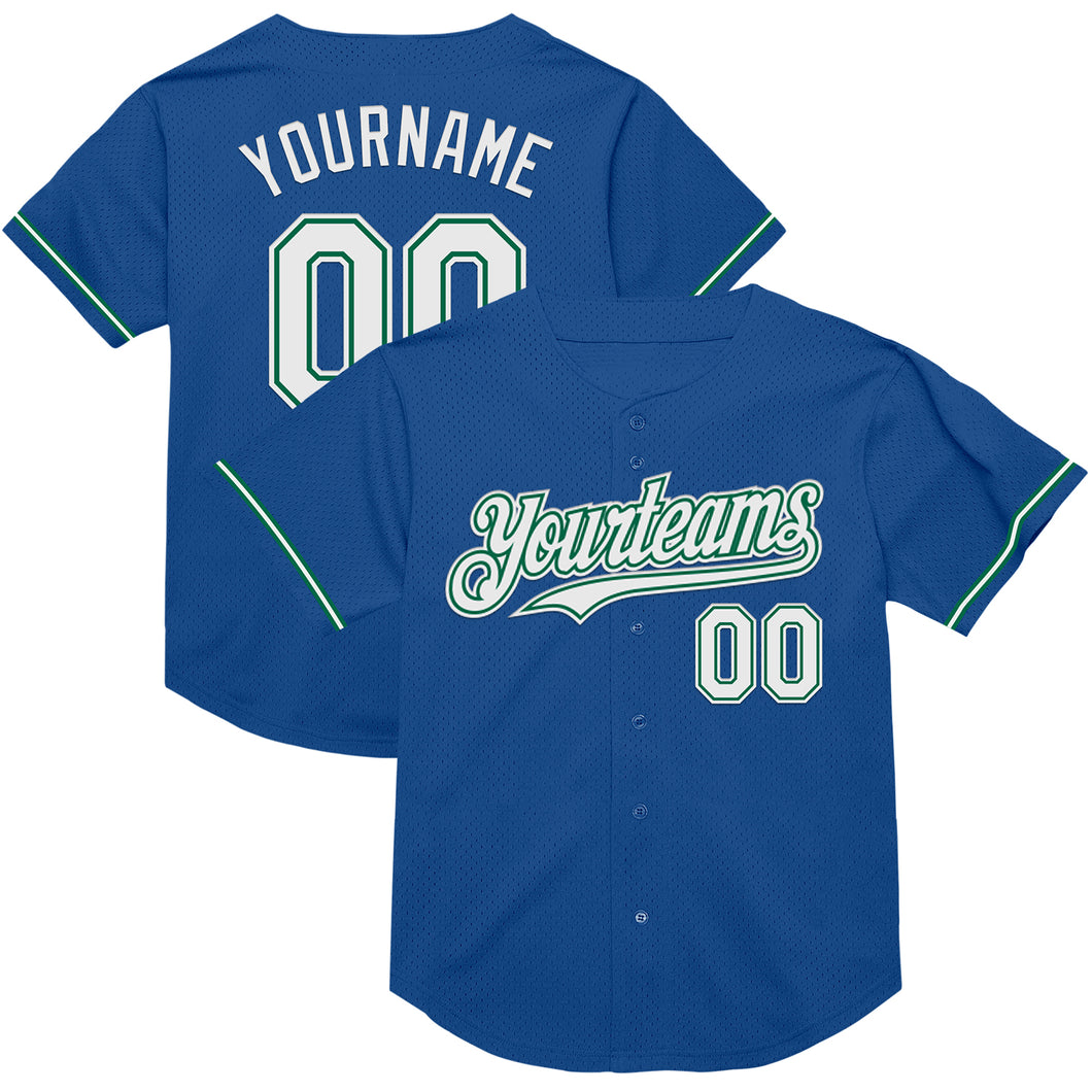 Custom Blue White-Kelly Green Mesh Authentic Throwback Baseball Jersey