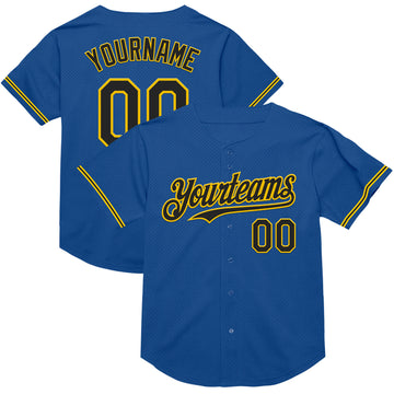 Custom Blue Black-Yellow Mesh Authentic Throwback Baseball Jersey