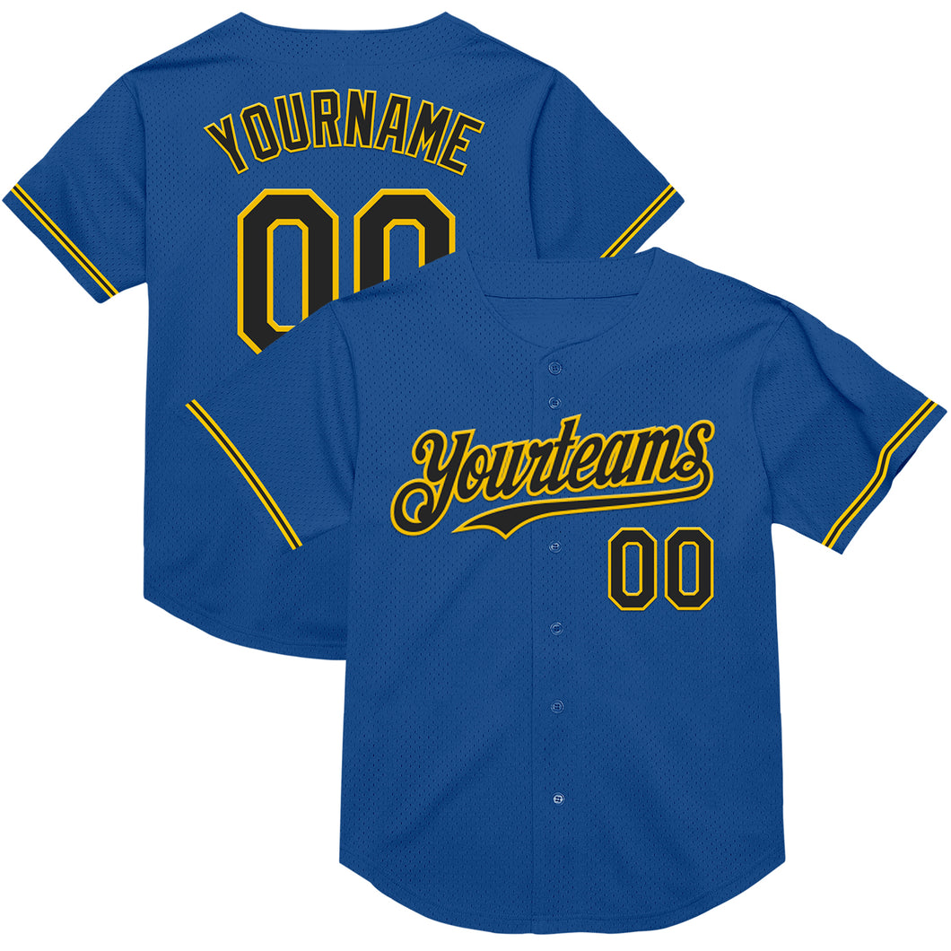 Custom Blue Black-Yellow Mesh Authentic Throwback Baseball Jersey