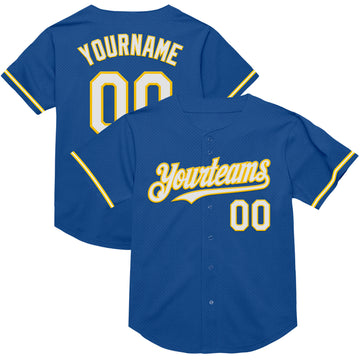 Custom Blue White-Yellow Mesh Authentic Throwback Baseball Jersey