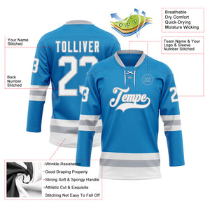 Custom Blue White-Gray Hockey Lace Neck Jersey