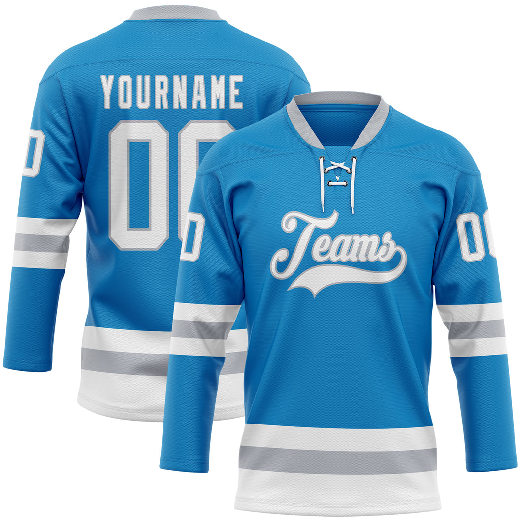 Custom Blue White-Gray Hockey Lace Neck Jersey