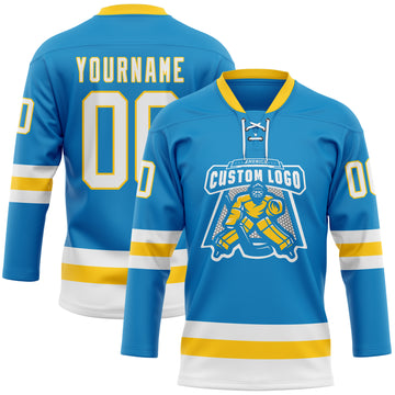 Custom Blue White-Yellow Hockey Lace Neck Jersey