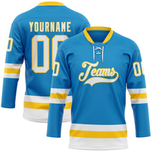 Загрузить изображение в средство просмотра галереи, Custom Blue White-Yellow Hockey Lace Neck Jersey
