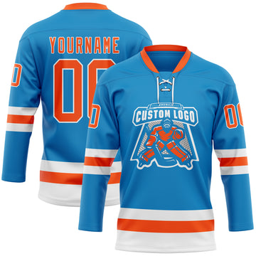 Custom Blue Orange-White Hockey Lace Neck Jersey