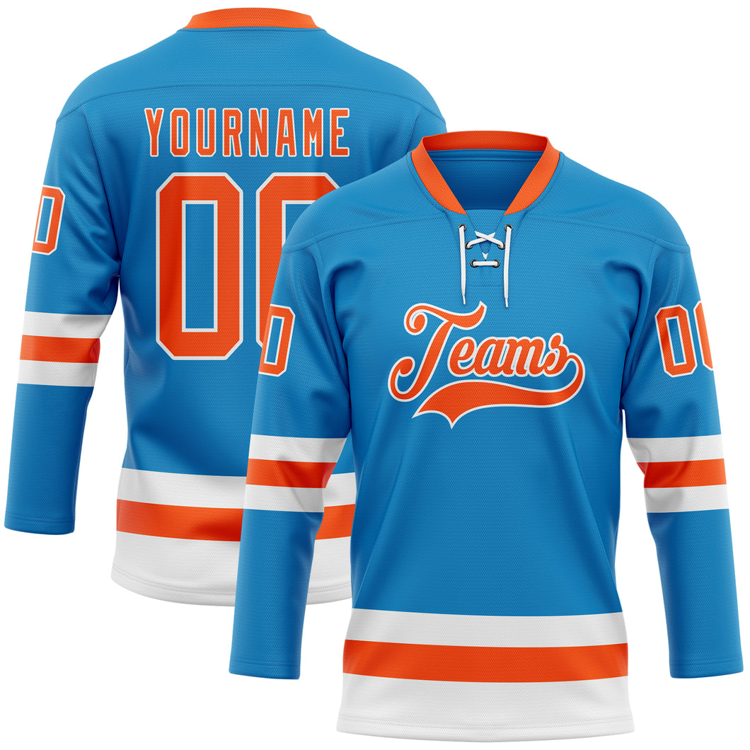 Custom Blue Orange-White Hockey Lace Neck Jersey