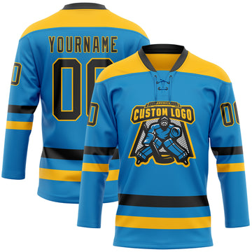 Custom Blue Black-Gold Hockey Lace Neck Jersey