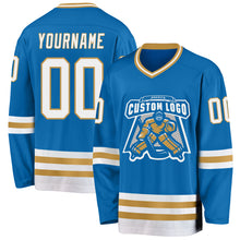 Загрузить изображение в средство просмотра галереи, Custom Blue White-Old Gold Hockey Jersey
