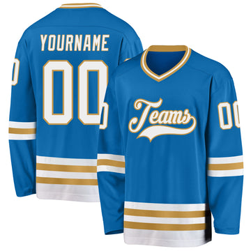 Custom Blue White-Old Gold Hockey Jersey