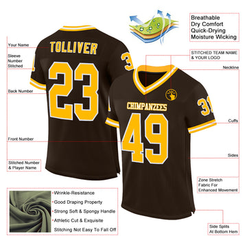 Custom Brown Gold-White Mesh Authentic Throwback Football Jersey