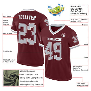 Custom Burgundy Gray-White Mesh Authentic Throwback Football Jersey