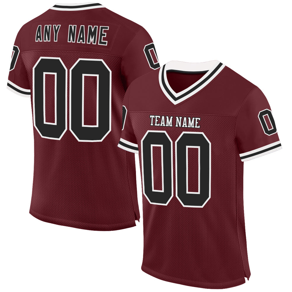 Custom Burgundy Black-White Mesh Authentic Throwback Football Jersey