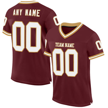 Custom Burgundy White-Old Gold Mesh Authentic Throwback Football Jersey