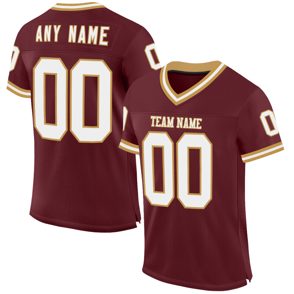 Custom Burgundy White-Old Gold Mesh Authentic Throwback Football Jersey