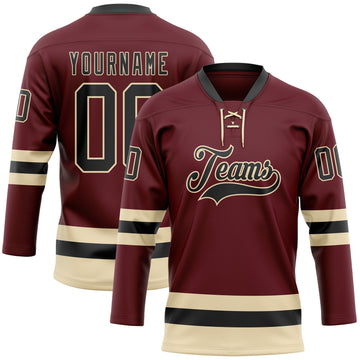 Custom Burgundy Black-Cream Hockey Lace Neck Jersey