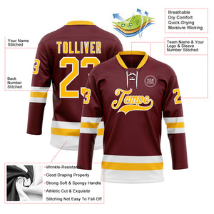 Custom Burgundy Gold-White Hockey Lace Neck Jersey