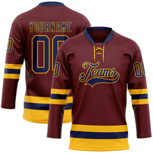 Загрузить изображение в средство просмотра галереи, Custom Burgundy Navy-Gold Hockey Lace Neck Jersey
