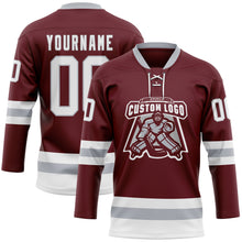 Загрузить изображение в средство просмотра галереи, Custom Burgundy White-Gray Hockey Lace Neck Jersey
