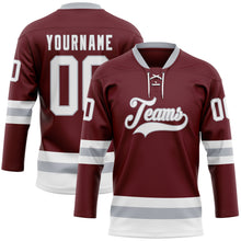 Загрузить изображение в средство просмотра галереи, Custom Burgundy White-Gray Hockey Lace Neck Jersey
