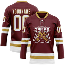 Загрузить изображение в средство просмотра галереи, Custom Burgundy White-Old Gold Hockey Lace Neck Jersey
