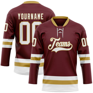 Custom Burgundy White-Old Gold Hockey Lace Neck Jersey