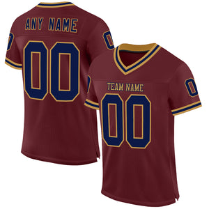 Custom Burgundy Navy-Old Gold Mesh Authentic Throwback Football Jersey