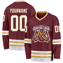 Загрузить изображение в средство просмотра галереи, Custom Burgundy White-Old Gold Hockey Jersey
