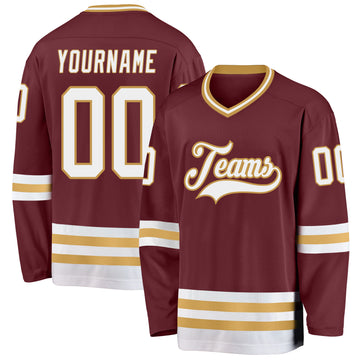 Custom Burgundy White-Old Gold Hockey Jersey