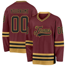 Загрузить изображение в средство просмотра галереи, Custom Burgundy Black-Old Gold Hockey Jersey
