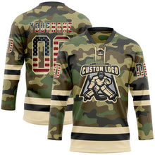 Загрузить изображение в средство просмотра галереи, Custom Camo Vintage USA Flag Cream-Black Salute To Service Hockey Lace Neck Jersey
