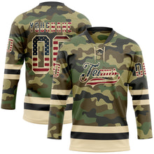 Загрузить изображение в средство просмотра галереи, Custom Camo Vintage USA Flag Cream-Black Salute To Service Hockey Lace Neck Jersey
