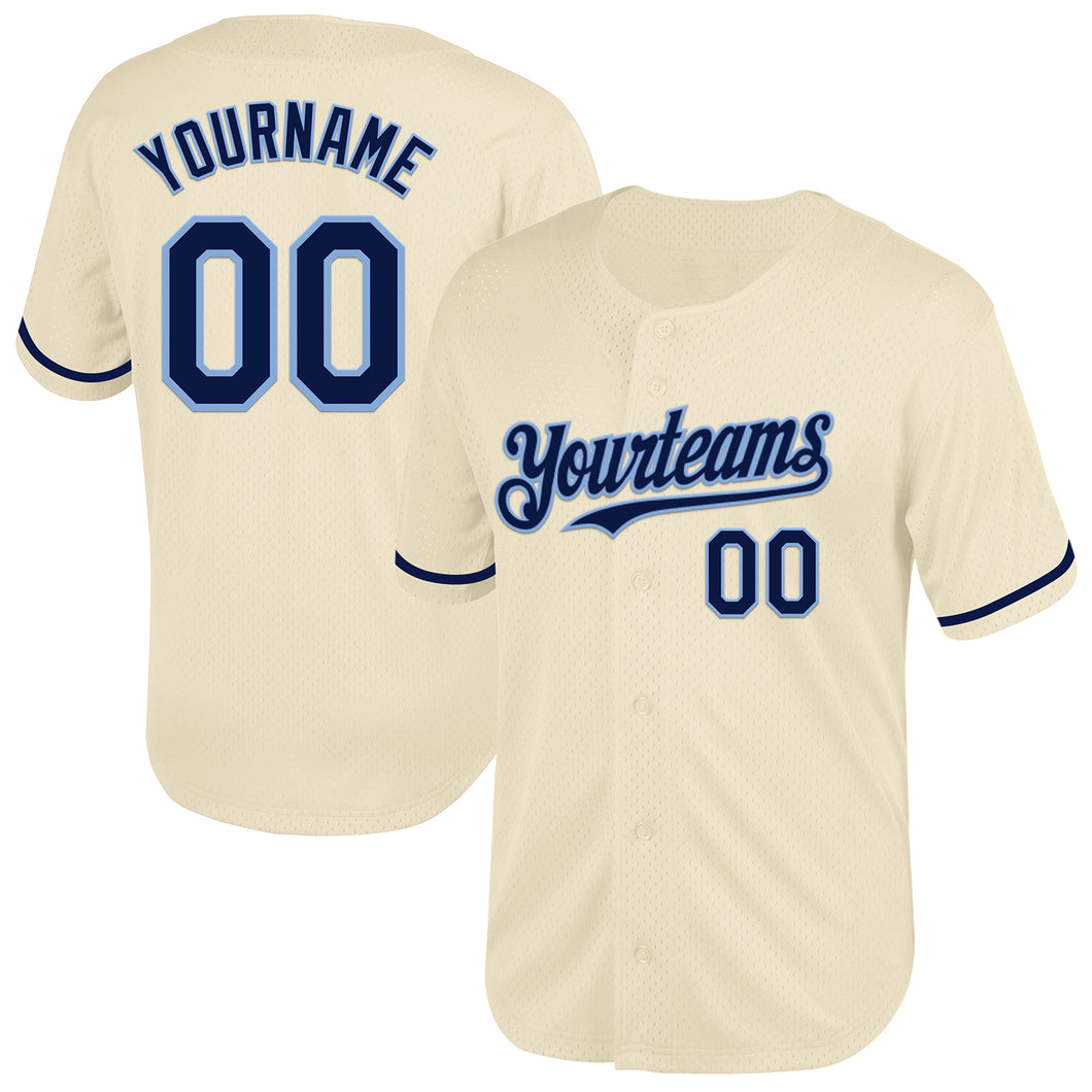 Custom Cream Navy-Light Blue Mesh Authentic Throwback Baseball Jersey