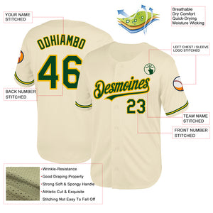 Custom Cream Green-Gold Mesh Authentic Throwback Baseball Jersey