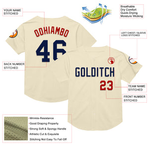 Custom Cream Navy-Red Mesh Authentic Throwback Baseball Jersey