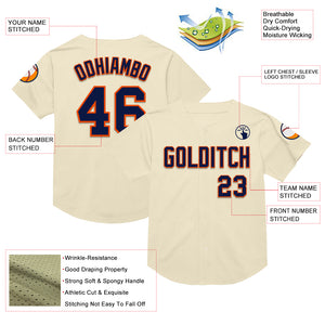 Custom Cream Navy-Orange Mesh Authentic Throwback Baseball Jersey